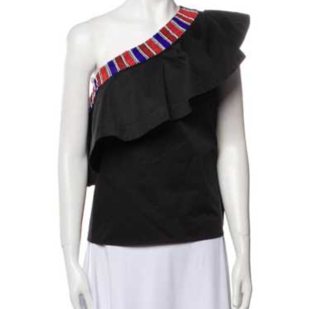 Saloni Esme One-Shoulder Ruffle Top with Beaded Detail